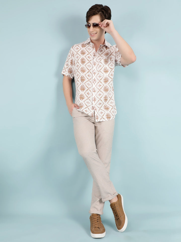 Green Printed Linen Shirt-Men Shirts-Crimsoune Club