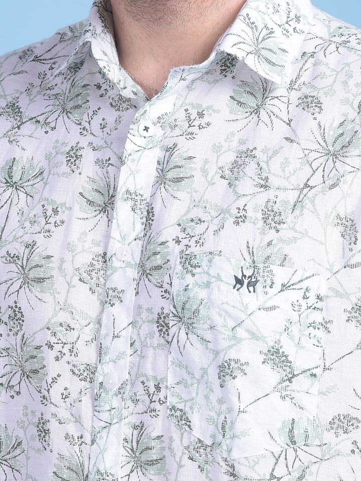 Green Floral Print Linen Shirt-Men Shirts-Crimsoune Club