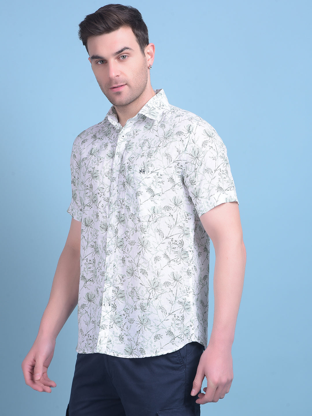 Green Floral Print Linen Shirt-Men Shirts-Crimsoune Club