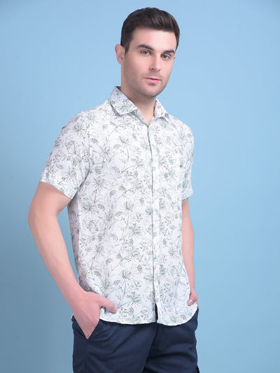 Green Floral Print Linen Shirt-Men Shirts-Crimsoune Club