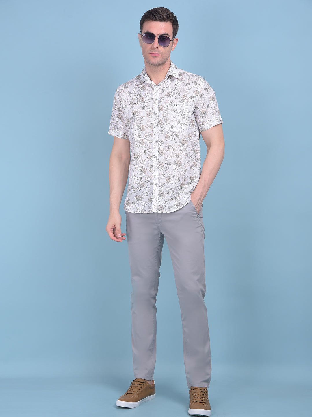 Beige Floral Print Linen Shirt-Men Shirts-Crimsoune Club