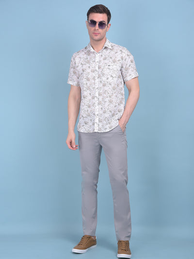 Beige Floral Print Linen Shirt-Men Shirts-Crimsoune Club