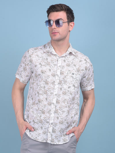 Beige Floral Print Linen Shirt-Men Shirts-Crimsoune Club