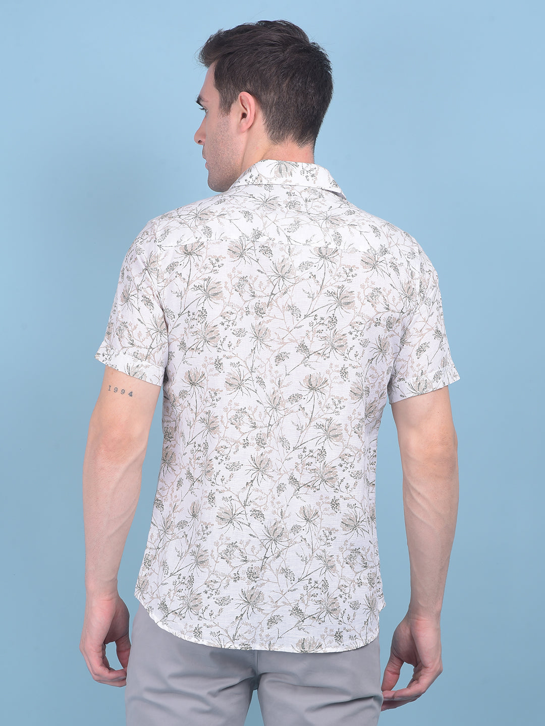 Beige Floral Print Linen Shirt-Men Shirts-Crimsoune Club