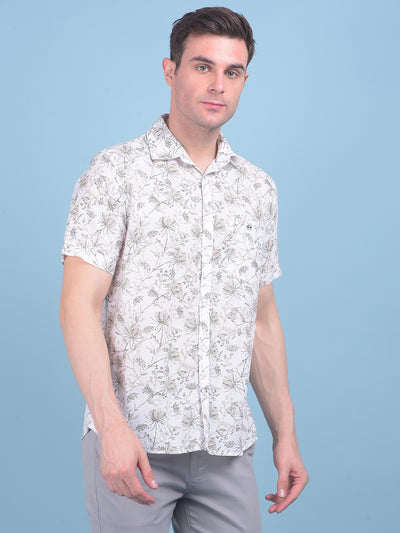 Beige Floral Print Linen Shirt-Men Shirts-Crimsoune Club