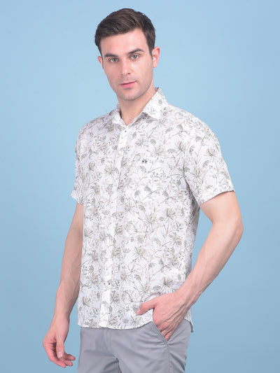 Beige Floral Print Linen Shirt-Men Shirts-Crimsoune Club