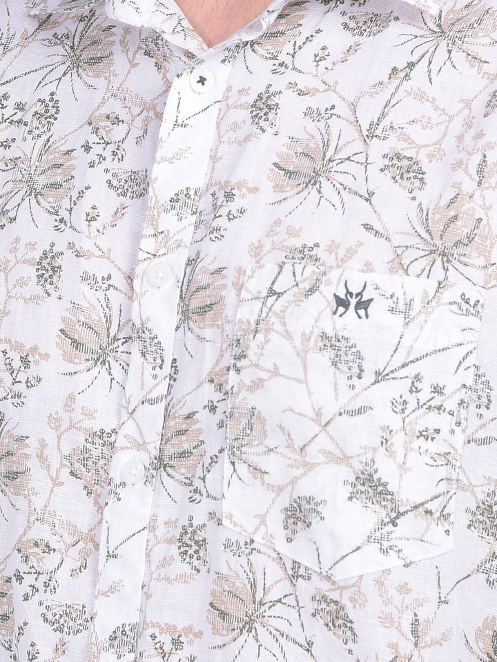Beige Floral Print Linen Shirt-Men Shirts-Crimsoune Club