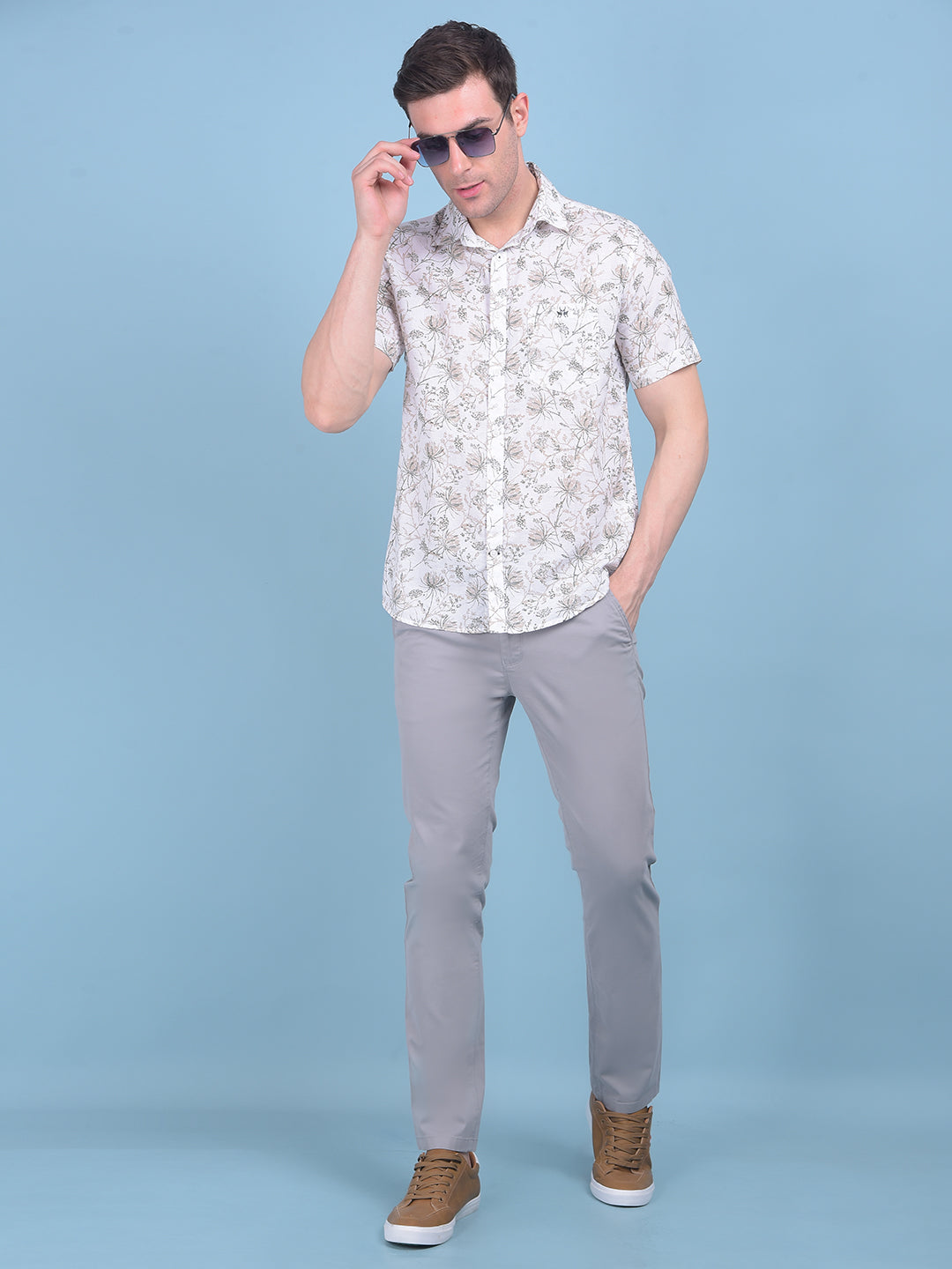 Beige Floral Print Linen Shirt-Men Shirts-Crimsoune Club