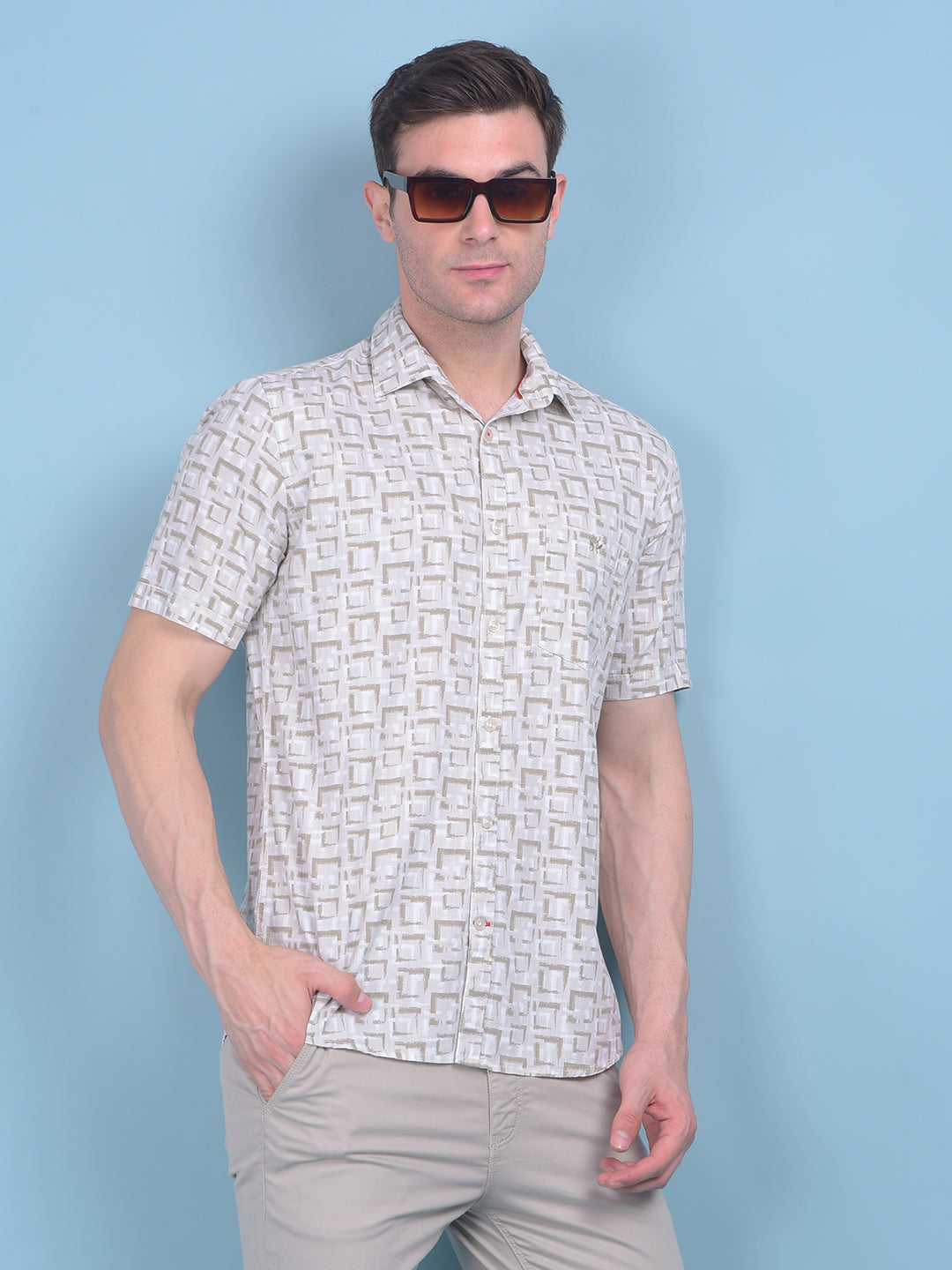 Printed Beige 100% Cotton Shirt-Men Shirts-Crimsoune Club