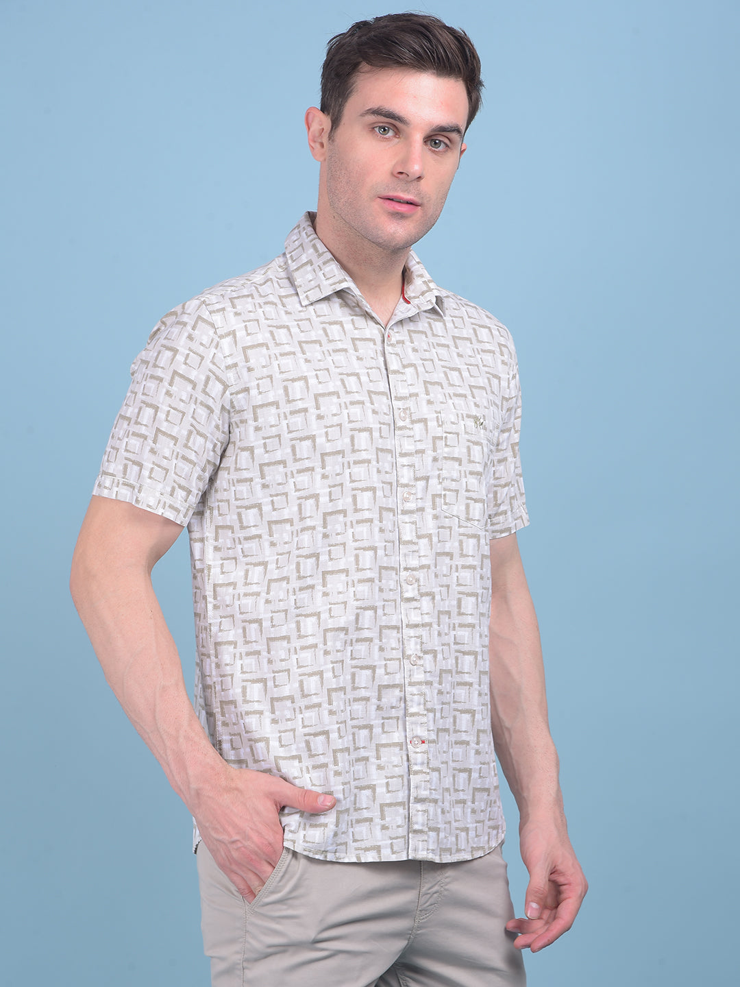 Printed Beige 100% Cotton Shirt-Men Shirts-Crimsoune Club