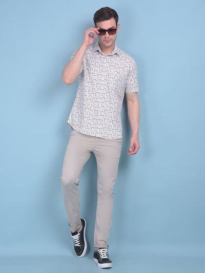 Printed Beige 100% Cotton Shirt-Men Shirts-Crimsoune Club