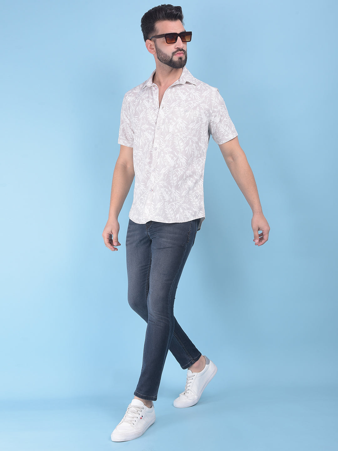 Beige Floral Print 100% Cotton Shirt-Men Shirts-Crimsoune Club
