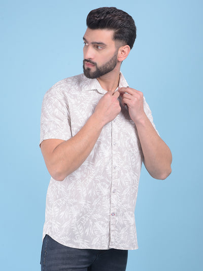 Beige Floral Print 100% Cotton Shirt-Men Shirts-Crimsoune Club