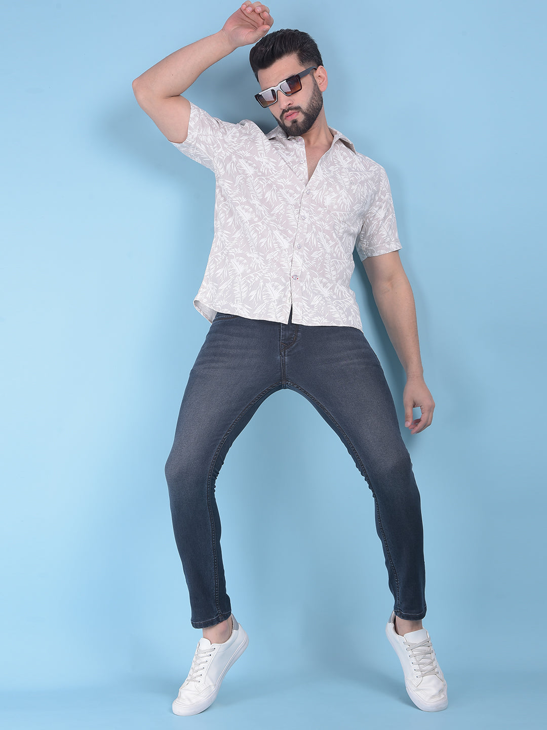 Beige Floral Print 100% Cotton Shirt-Men Shirts-Crimsoune Club