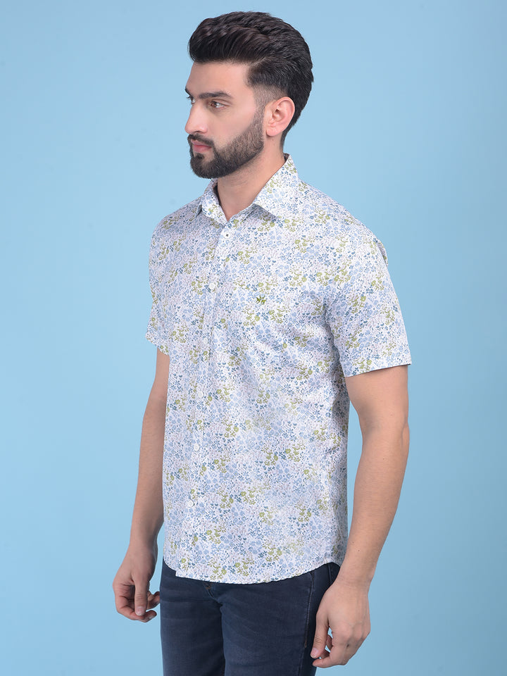 Olive Floral Print 100% Cotton Shirt-Men Shirts-Crimsoune Club