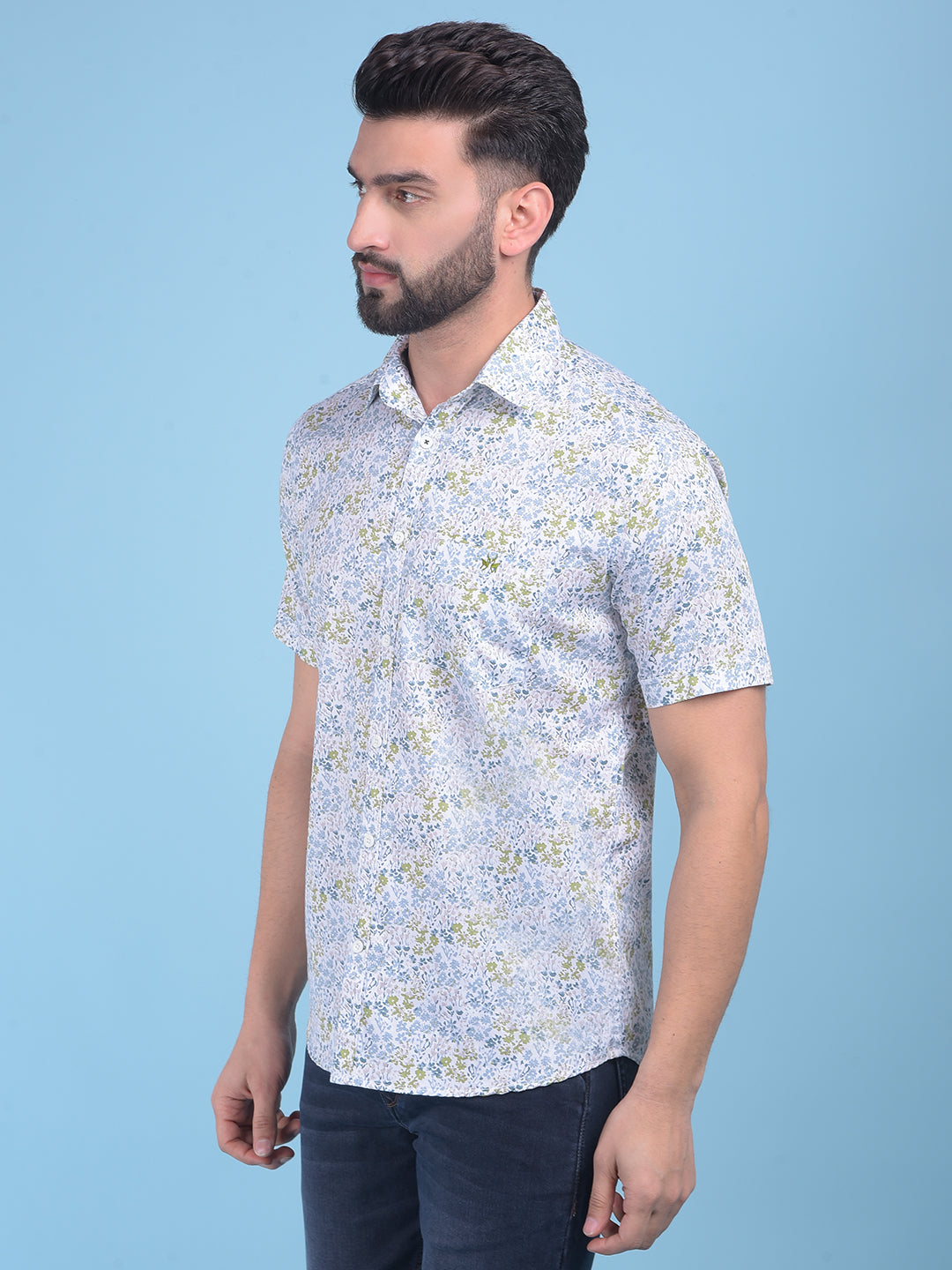Olive Floral Print 100% Cotton Shirt-Men Shirts-Crimsoune Club