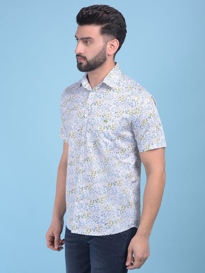 Olive Floral Print 100% Cotton Shirt-Men Shirts-Crimsoune Club