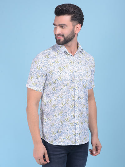 Olive Floral Print 100% Cotton Shirt-Men Shirts-Crimsoune Club