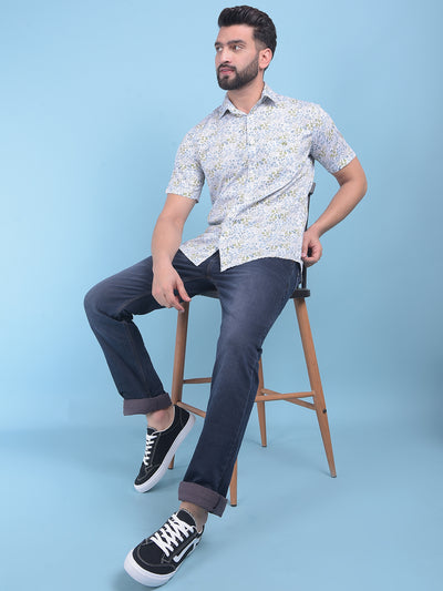 Olive Floral Print 100% Cotton Shirt-Men Shirts-Crimsoune Club