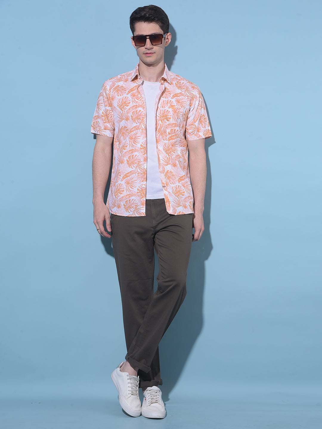 Orange Floral Printed Linen Shirt-Men Shirts-Crimsoune Club