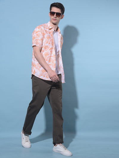 Orange Floral Printed Linen Shirt-Men Shirts-Crimsoune Club