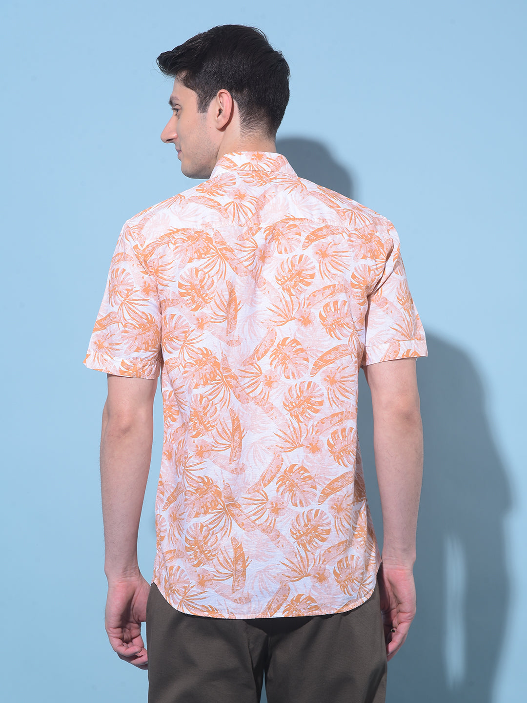 Orange Floral Printed Linen Shirt-Men Shirts-Crimsoune Club