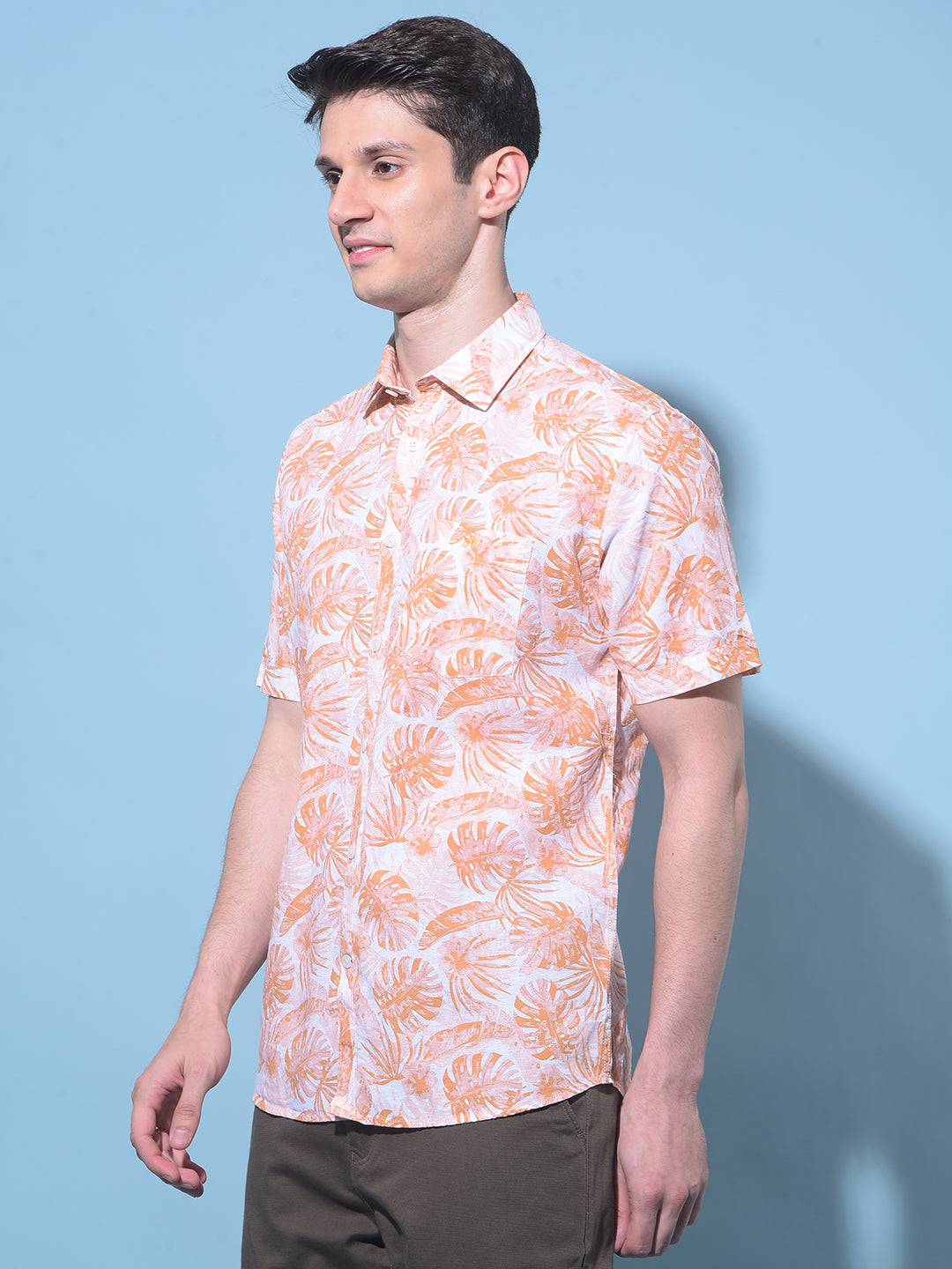 Orange Floral Printed Linen Shirt-Men Shirts-Crimsoune Club