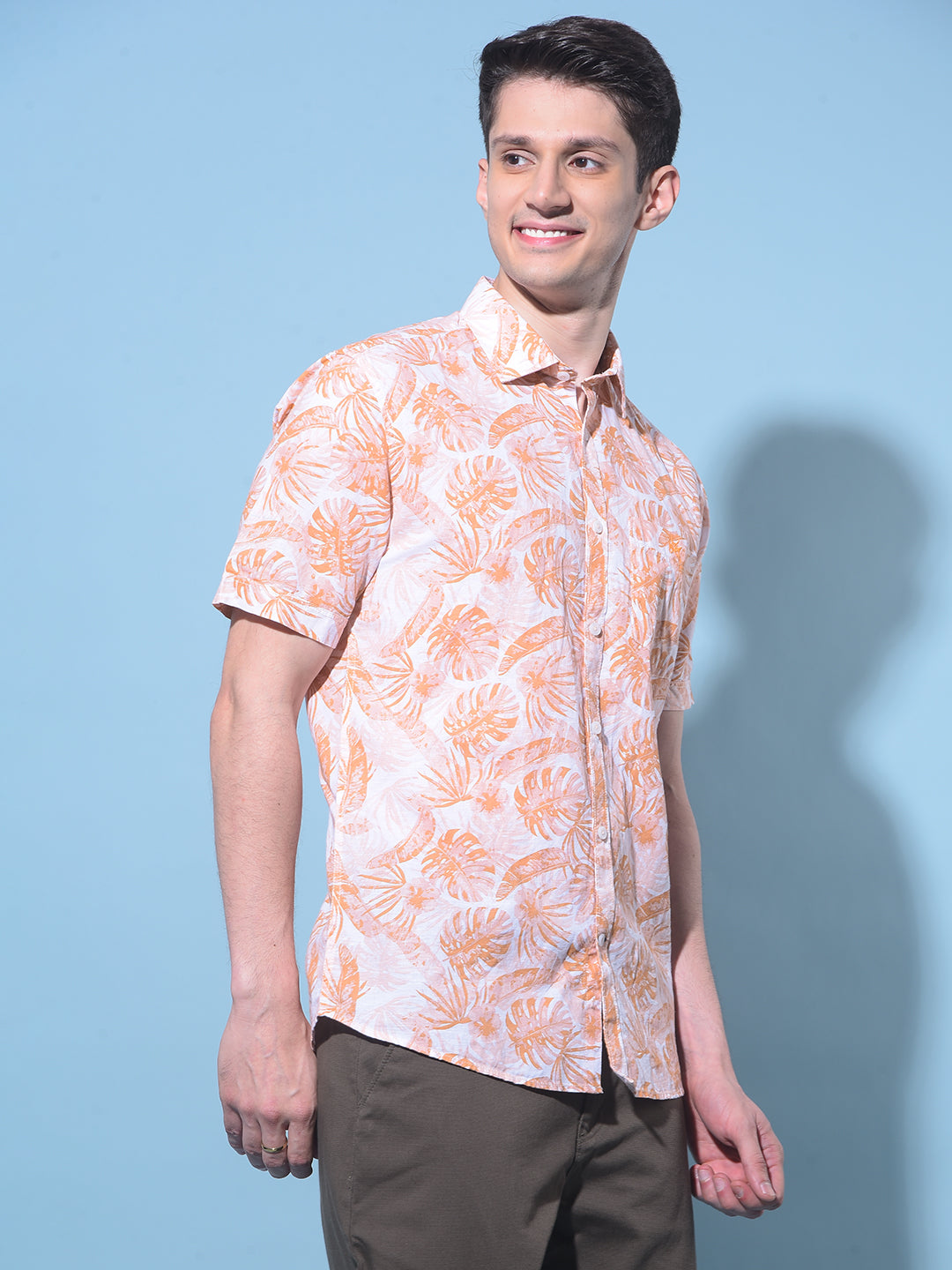 Orange Floral Printed Linen Shirt-Men Shirts-Crimsoune Club