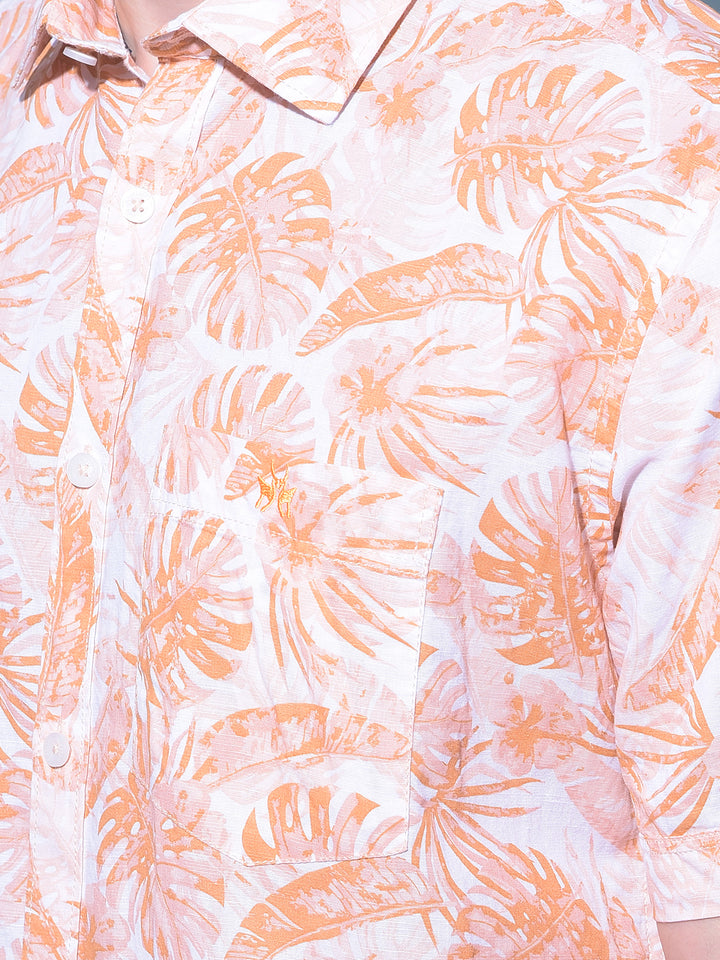 Orange Floral Printed Linen Shirt-Men Shirts-Crimsoune Club