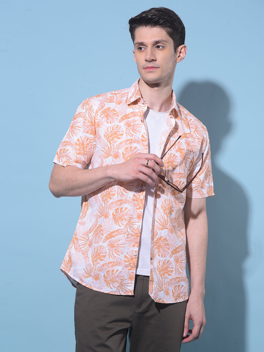 Orange Floral Printed Linen Shirt-Men Shirts-Crimsoune Club