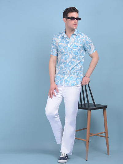 Blue Floral Print Linen Shirt-Men Shirts-Crimsoune Club
