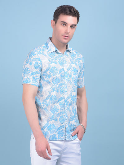 Blue Floral Print Linen Shirt-Men Shirts-Crimsoune Club