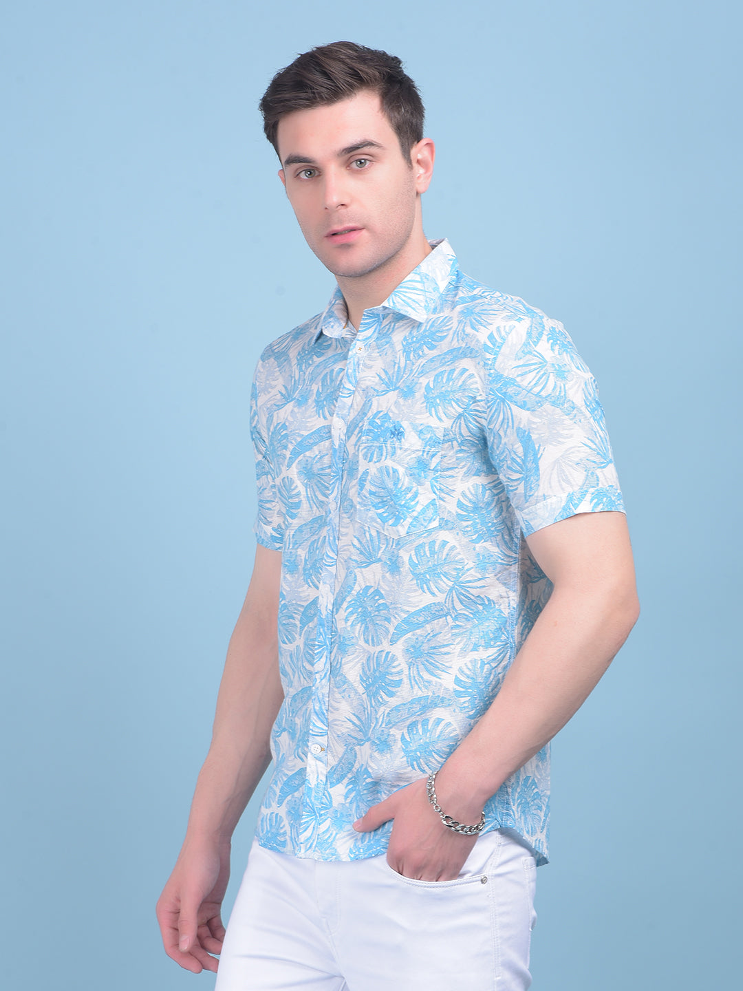 Blue Floral Print Linen Shirt-Men Shirts-Crimsoune Club