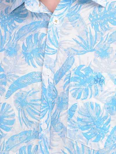 Blue Floral Print Linen Shirt-Men Shirts-Crimsoune Club