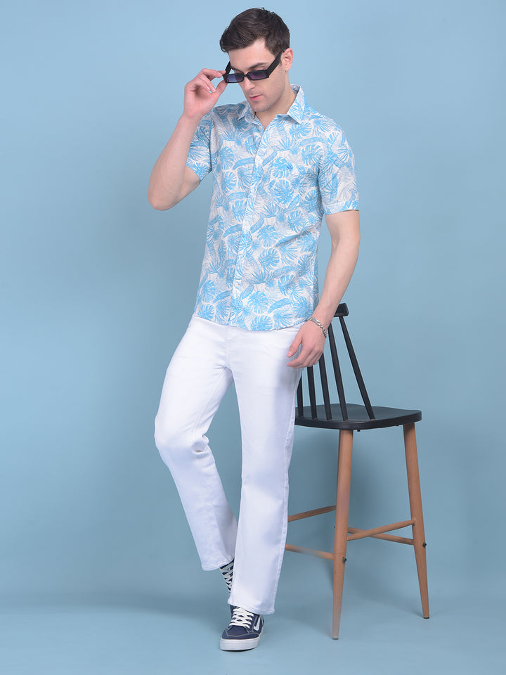 Blue Floral Print Linen Shirt-Men Shirts-Crimsoune Club