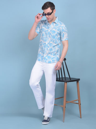 Blue Floral Print Linen Shirt-Men Shirts-Crimsoune Club