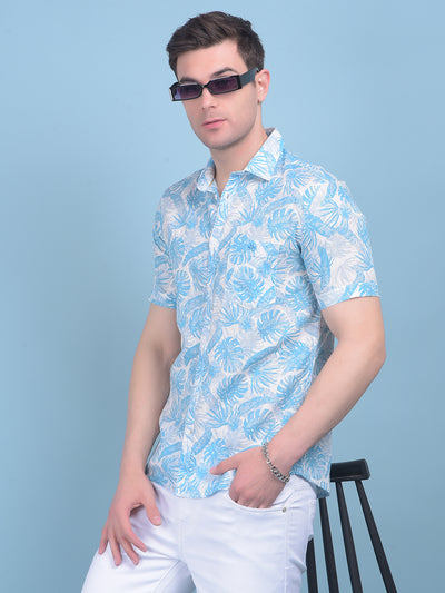 Blue Floral Print Linen Shirt-Men Shirts-Crimsoune Club