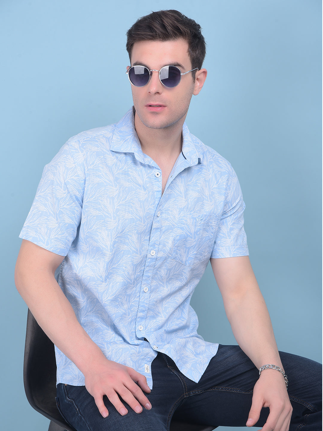 Printed Blue 100% Cotton Shirt-Men Shirts-Crimsoune Club