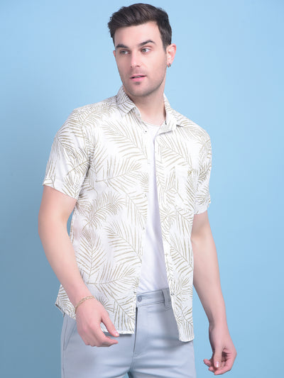 Olive Floral Print Linen Shirt-Men Shirts-Crimsoune Club