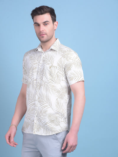 Olive Floral Print Linen Shirt-Men Shirts-Crimsoune Club