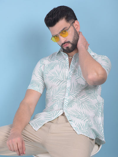 Green Floral Print Linen Shirt-Men Shirts-Crimsoune Club