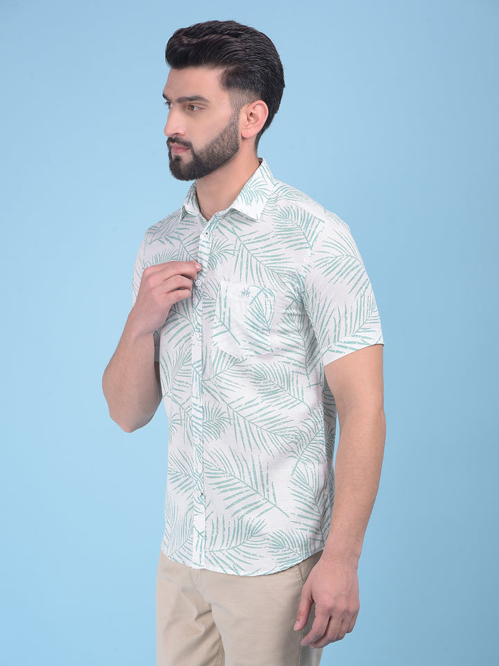 Green Floral Print Linen Shirt-Men Shirts-Crimsoune Club