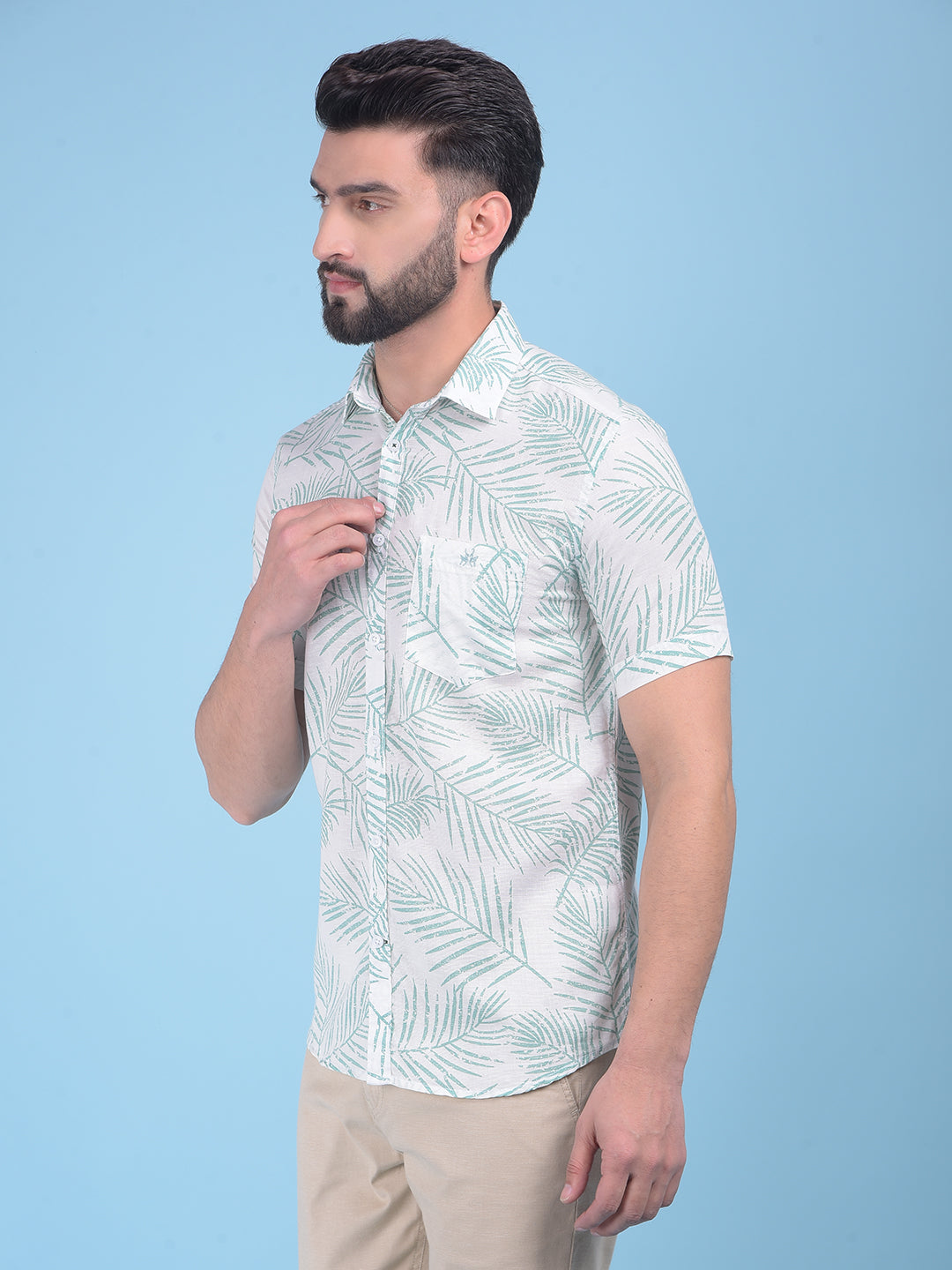Green Floral Print Linen Shirt-Men Shirts-Crimsoune Club