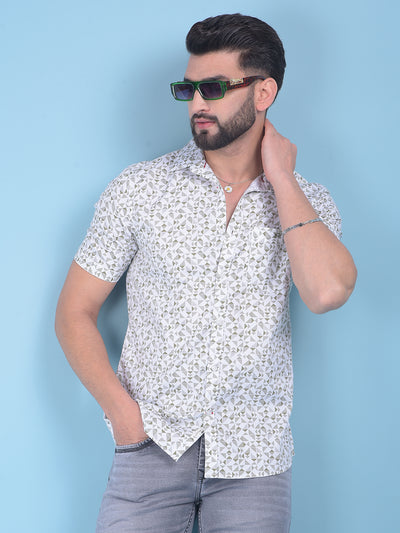 Olive Printed 100% Cotton Shirt-Men Shirts-Crimsoune Club