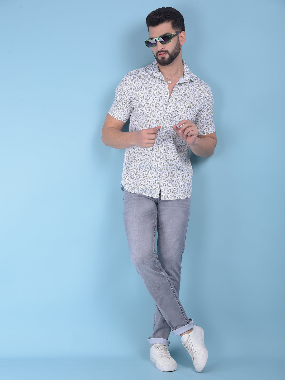 Olive Printed 100% Cotton Shirt-Men Shirts-Crimsoune Club