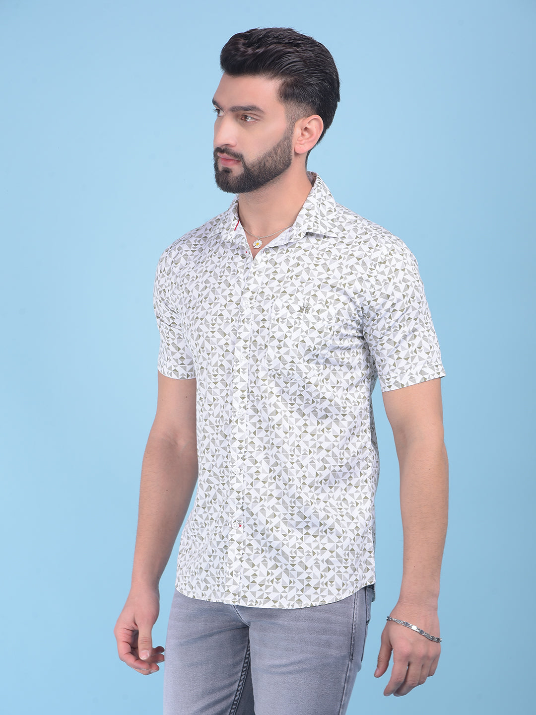 Olive Printed 100% Cotton Shirt-Men Shirts-Crimsoune Club