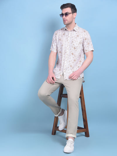 Brown Floral Print Linen Shirt-Men Shirts-Crimsoune Club
