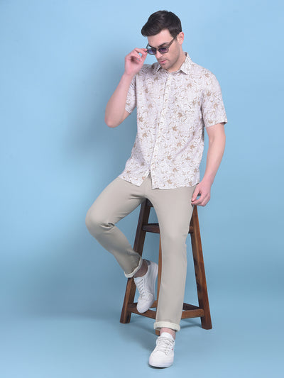 Brown Floral Print Linen Shirt-Men Shirts-Crimsoune Club