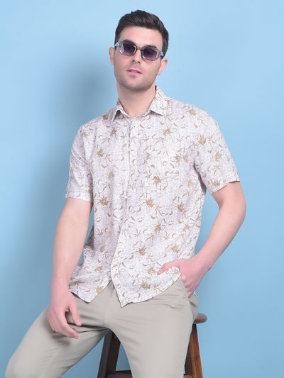 Brown Floral Print Linen Shirt-Men Shirts-Crimsoune Club