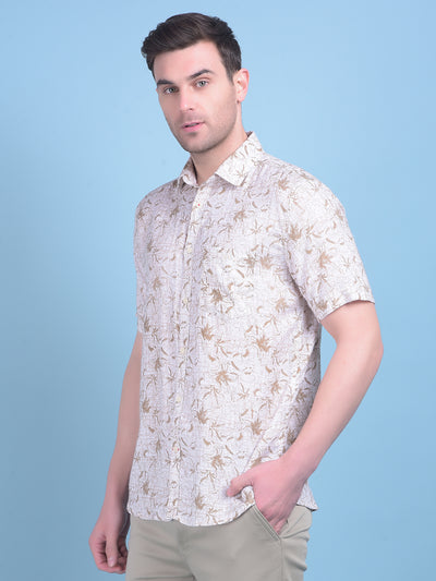 Brown Floral Print Linen Shirt-Men Shirts-Crimsoune Club